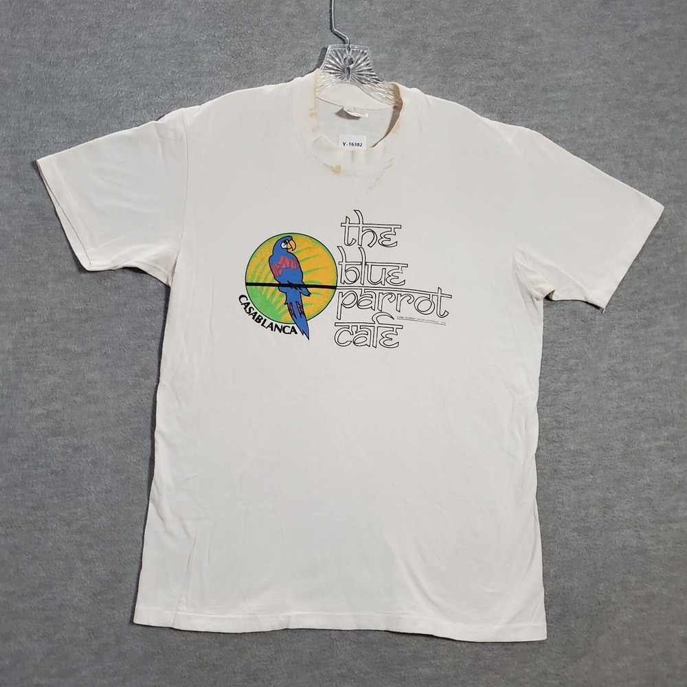 VINTAGE The Blue Parrot Cafe Men Shirt Large White Casblanca 80s Single Single *